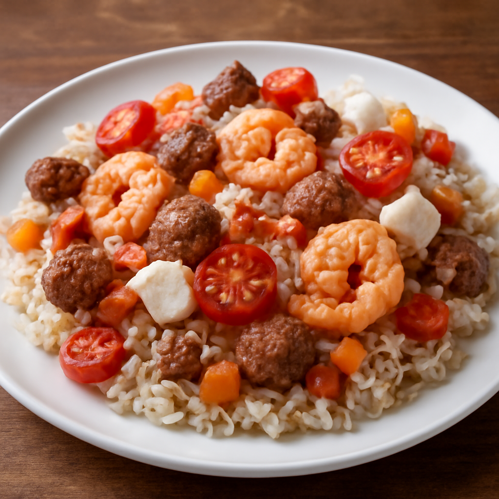 Riso ricco con carote, pomodori, mozzarella, pancetta, salsiccia e gamberetti