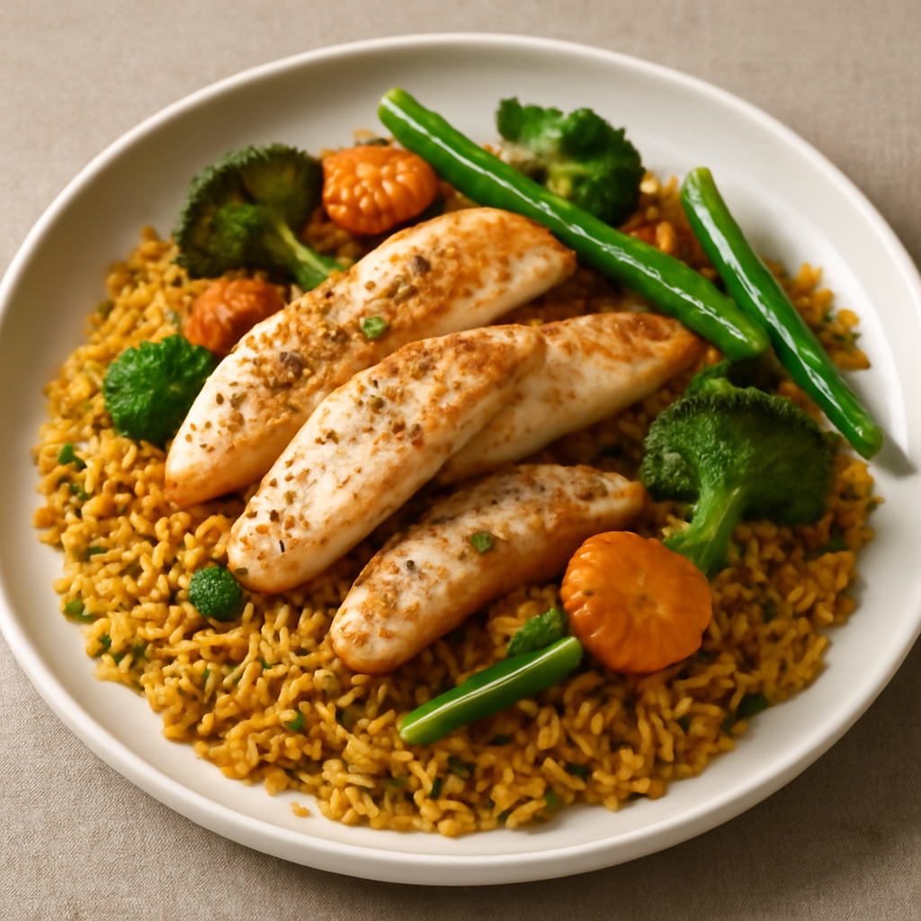 Riso speziato con filetti di pesce e verdure