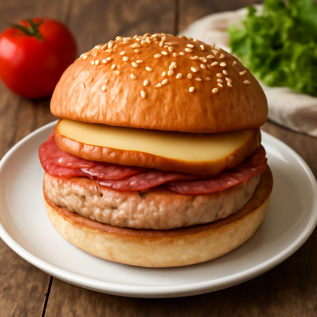 Sandwich con hamburger di tacchino, salame e scamorza affumicata