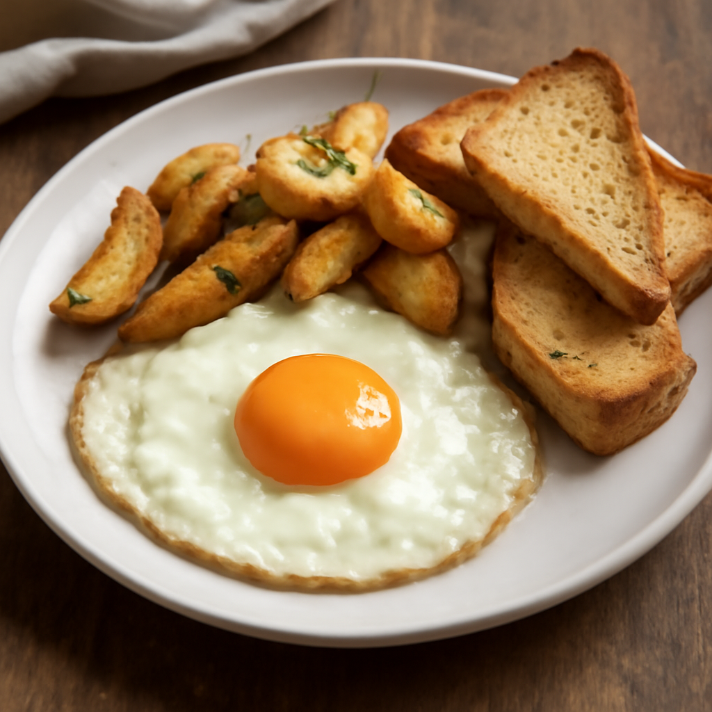 Uovo al tegamino con patate e crostini di pane