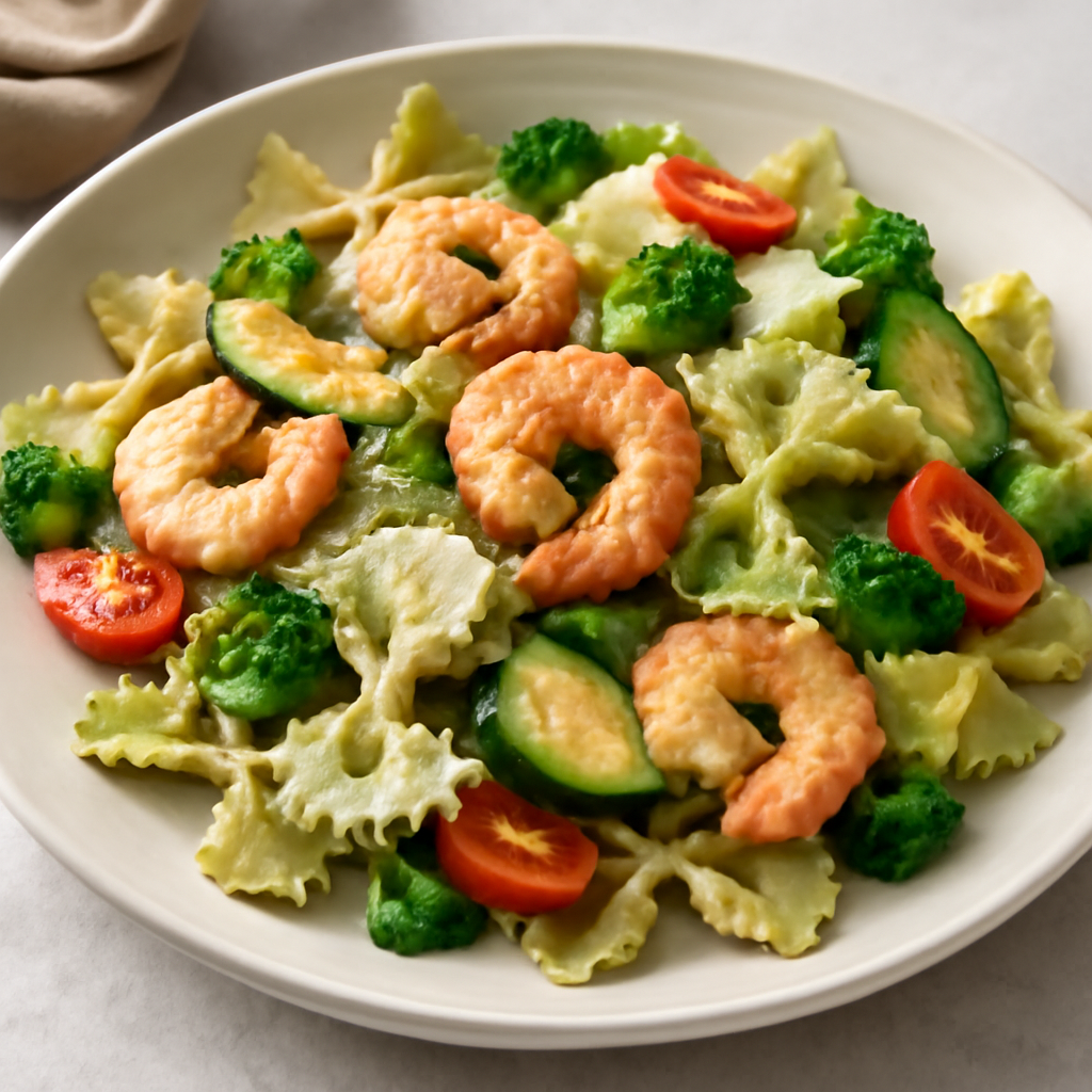 Foto di Pasta farfalle con pesto, gamberetti, verdure e formaggino