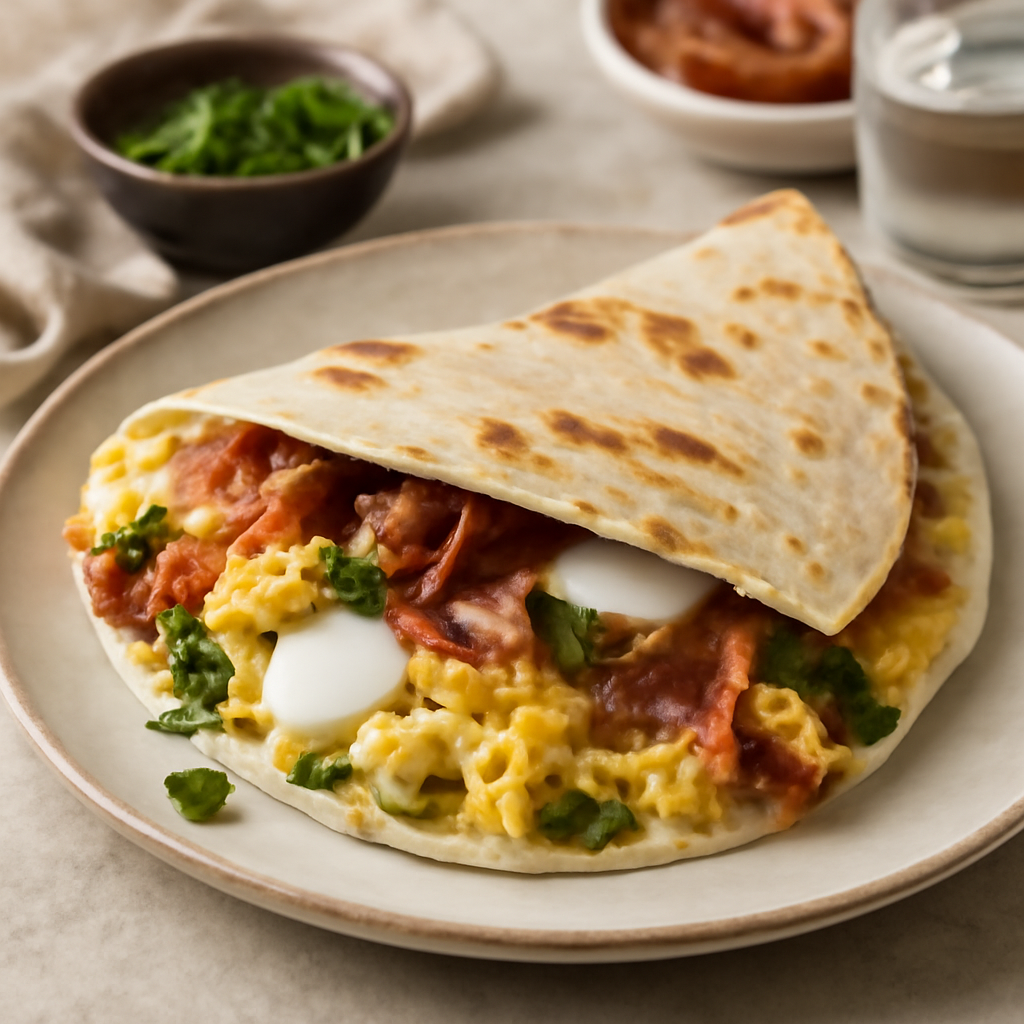 Foto di Piadina farcita con uova strapazzate, pancetta, mozzarella e pesto