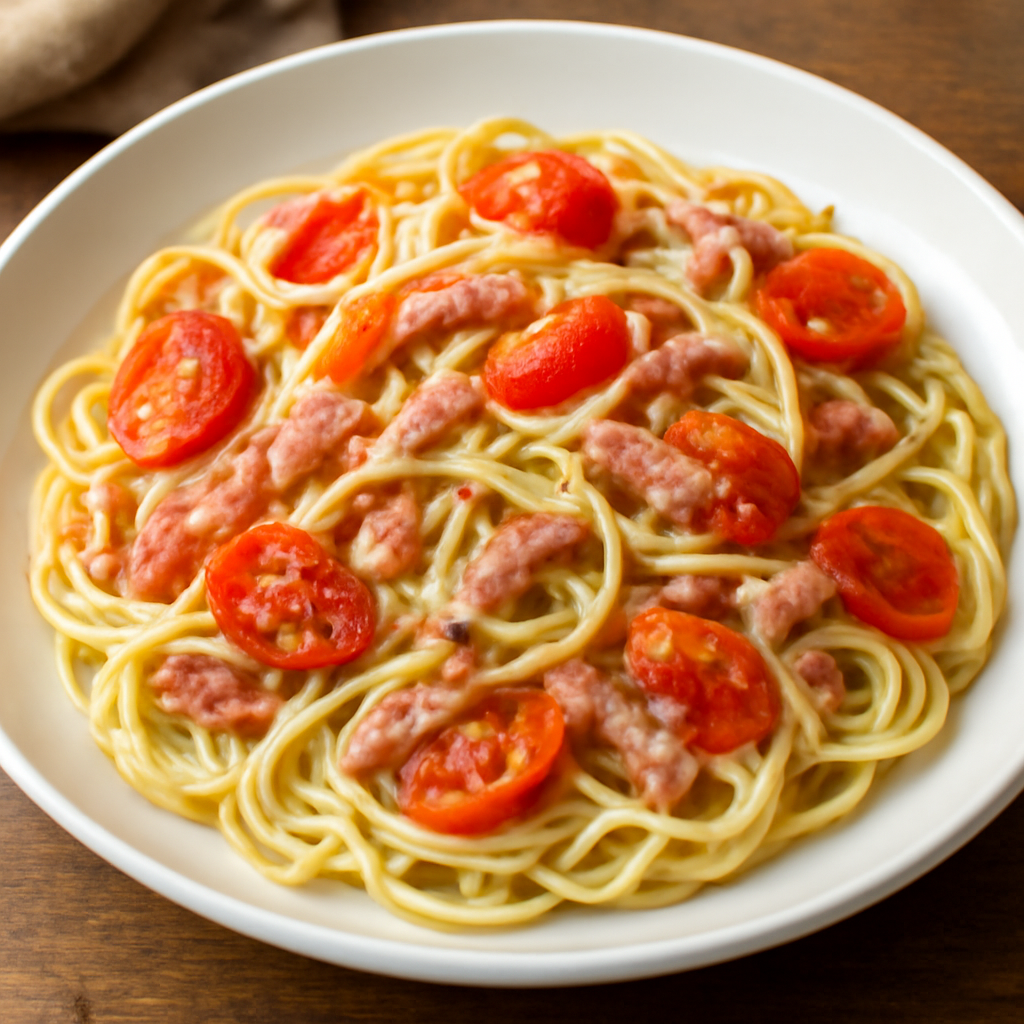 Foto di Spaghetti con pancetta, pomodorini Piccadilly e panna