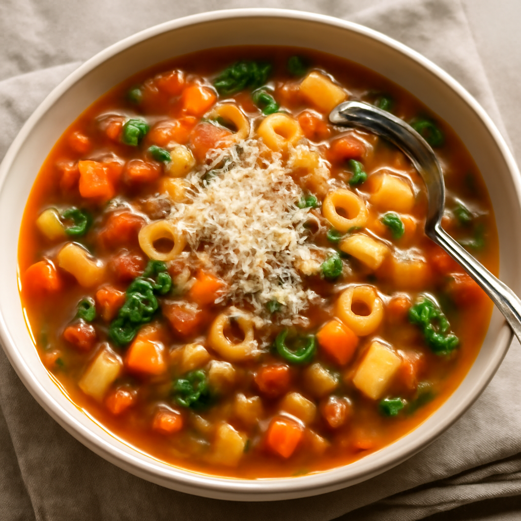 Foto di Minestrone ricco con pasta, legumi e parmigiano