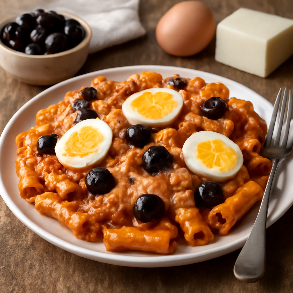 Foto di Pasta al forno con uova, mozzarella, tonno e olive nere
