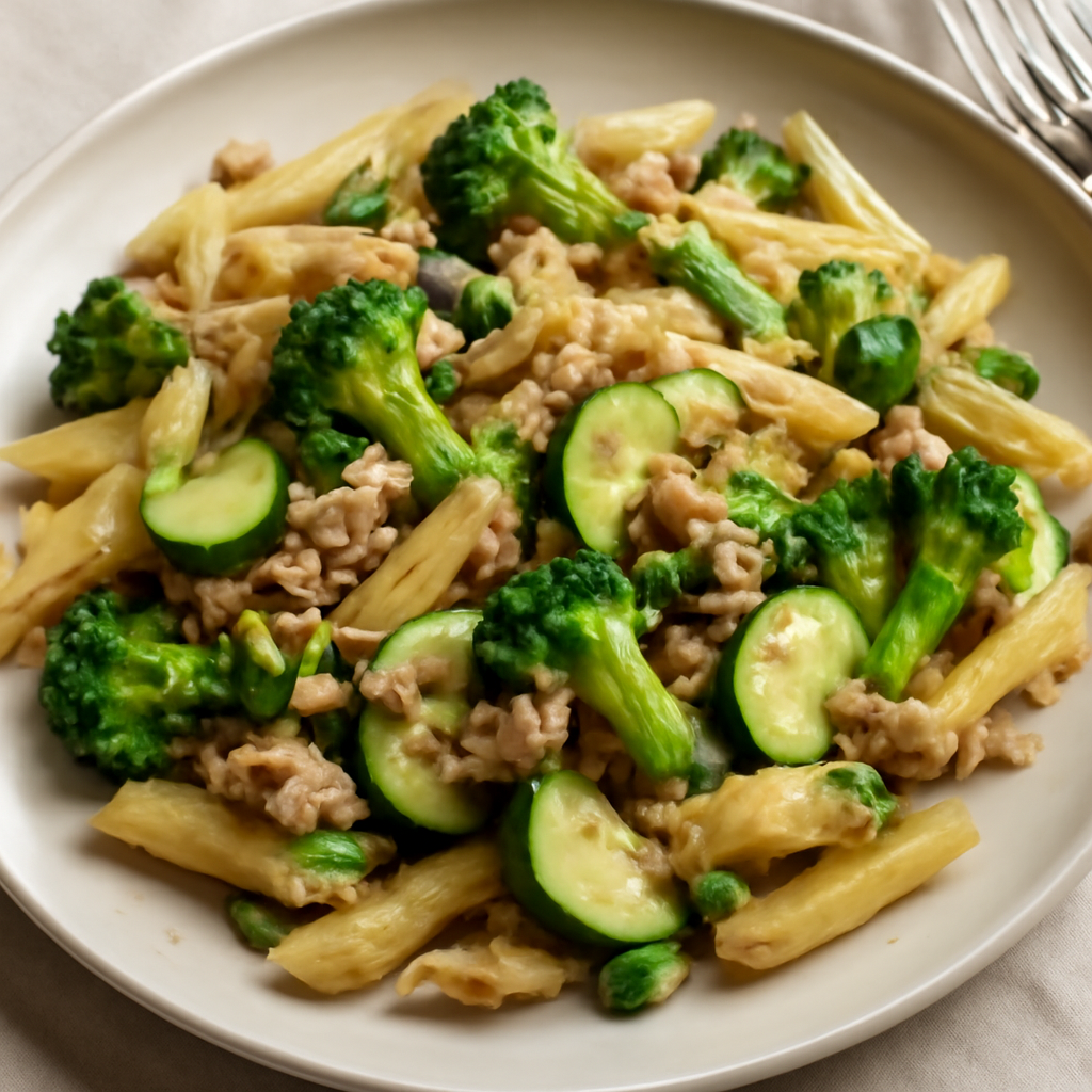 Foto di Pasta con tonno, broccoli, zucchine e cipollotto