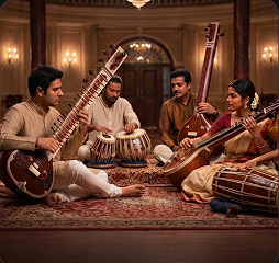 Traditional Indian musicians in heritage attire