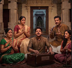 Musicians singing a devotional bhajan with harmonium