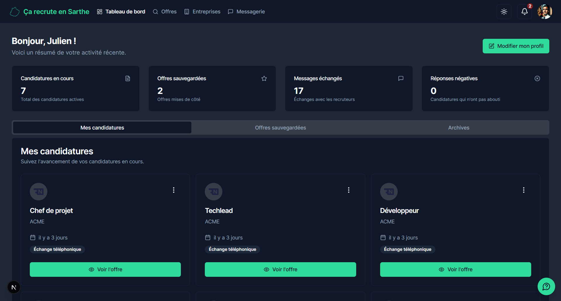 Tableau de bord chercheur d'emploi