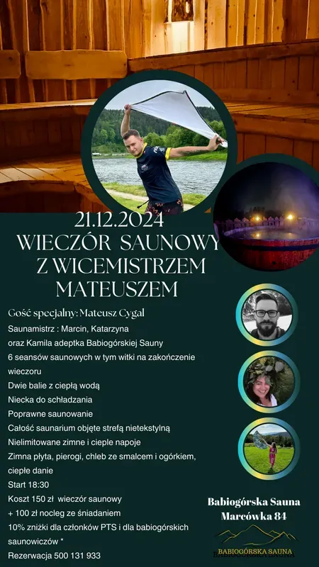 Wieczór Saunowy z Wicemistrzem Mateuszem Cygalem w Babiogórskiej Saunie  - fotografia wydarzenia