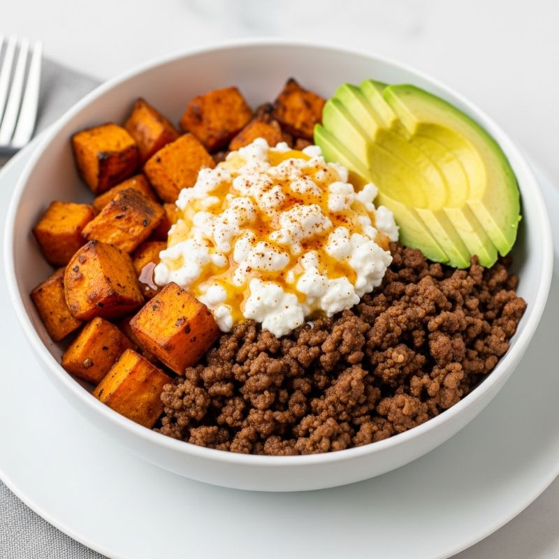 Hot Honey Cottage Cheese Sweet Potato Beef Bowl