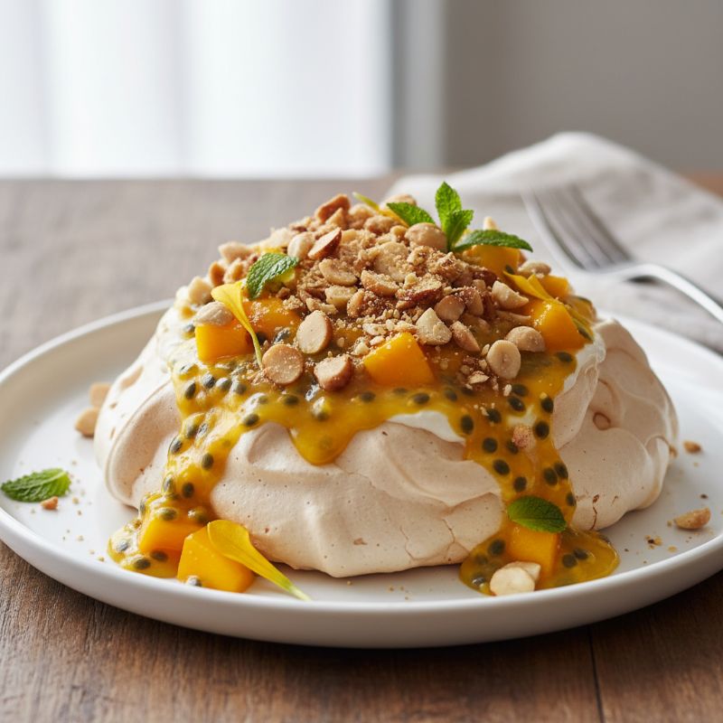 Passionfruit & Mango Pavlova with Macadamia Crunch