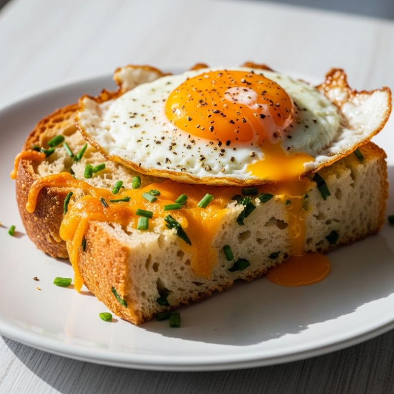 Cheddar & Chive Beer Bread Toast with Fried Egg