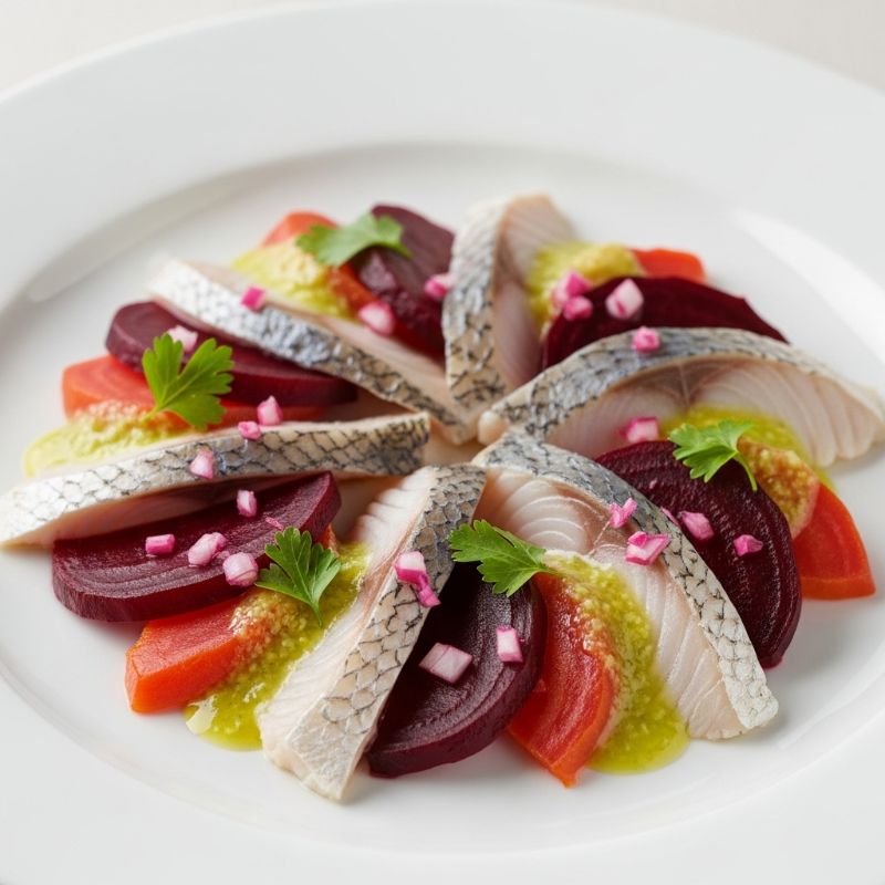 Roasted Beet and Carp Carpaccio with Horseradish Vinaigrette