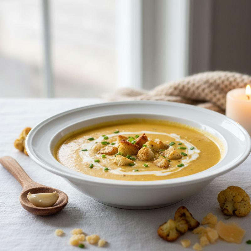 Creamy Cheddar Cauliflower and Roasted Garlic Soup