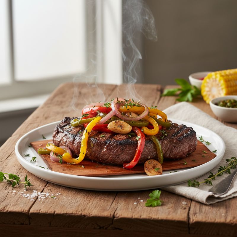 Cedar Plank Grilled Ribeye with Peppers and Onions