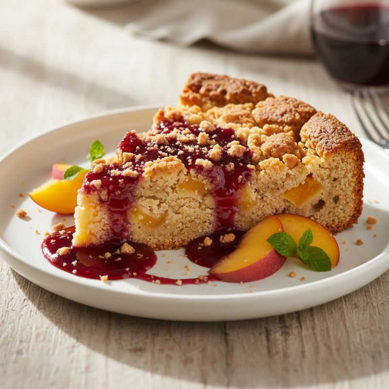 Amaretti Peach Sbrisolona with Brachetto Reduction