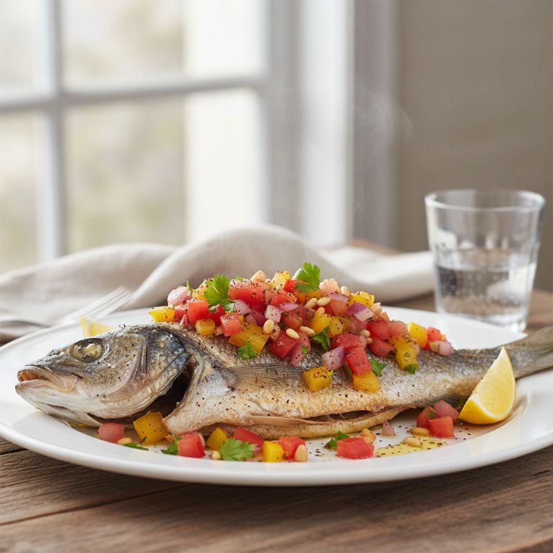 Halal Sea Bass Singary with Mediterranean Vegetables