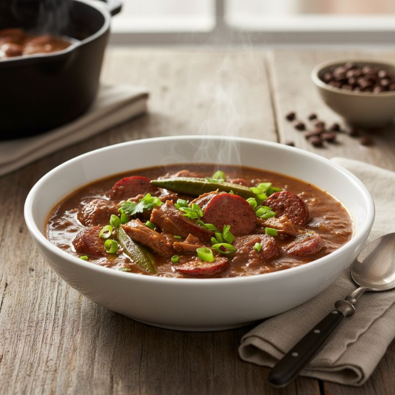 Duck & Andouille Gumbo with Coffee-Dark Roux