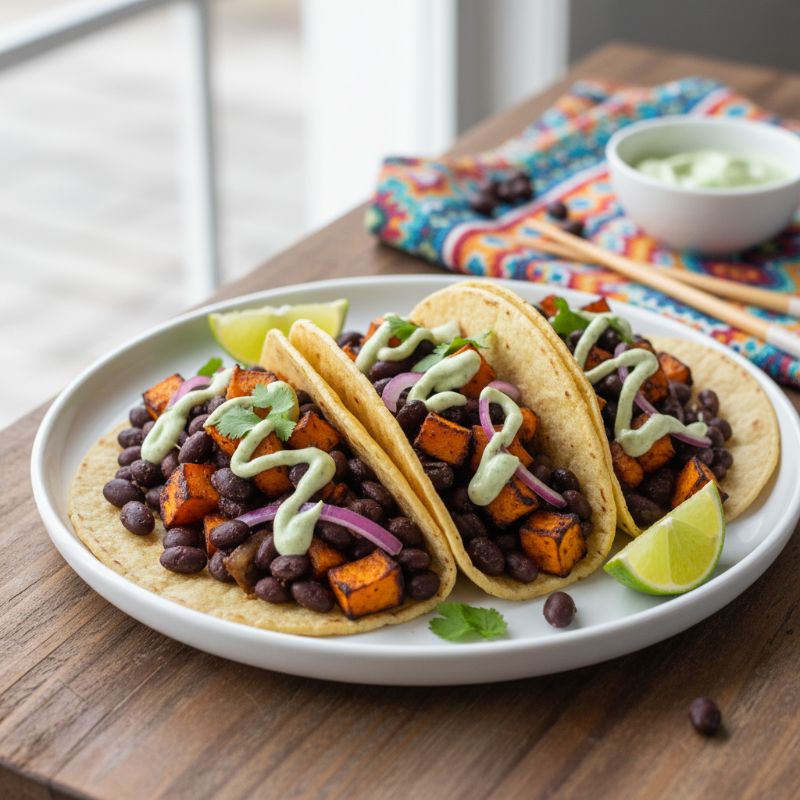 Black Bean & Roasted Sweet Potato Tacos with Lime Crema