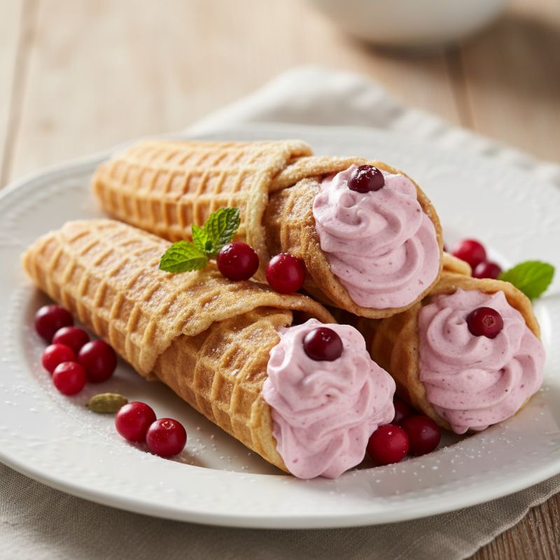 Krumkake with Lingonberry Whipped Cream