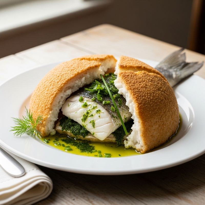 Baked Sea Bass in Salt Crust with Herb Oil