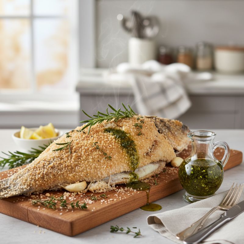 Baked Sea Bass in Salt Crust with Herb Oil