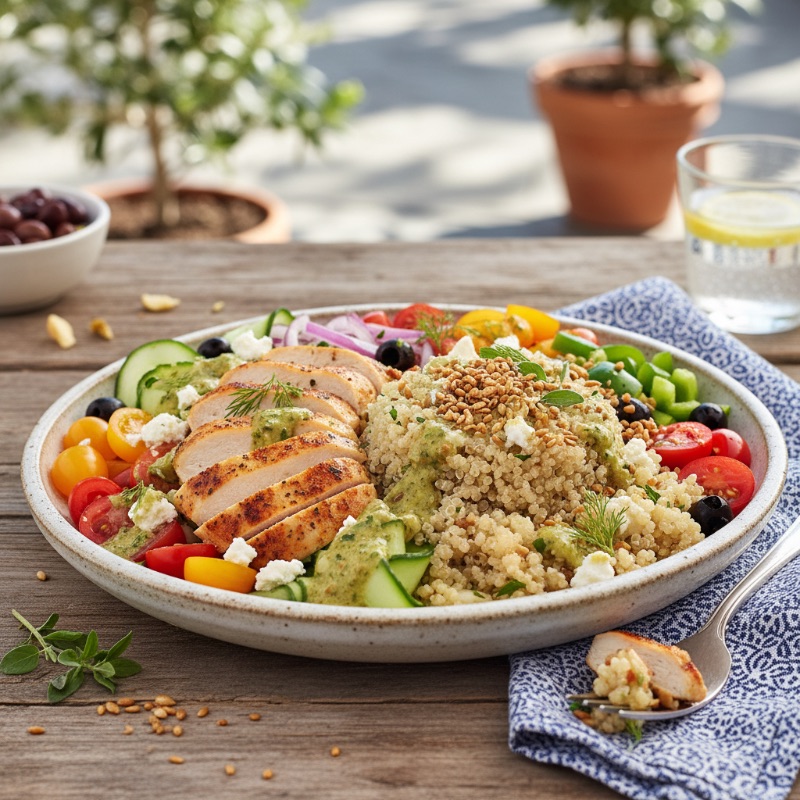 Mediterranean Chicken and Quinoa Bowl with Safflower Crunch