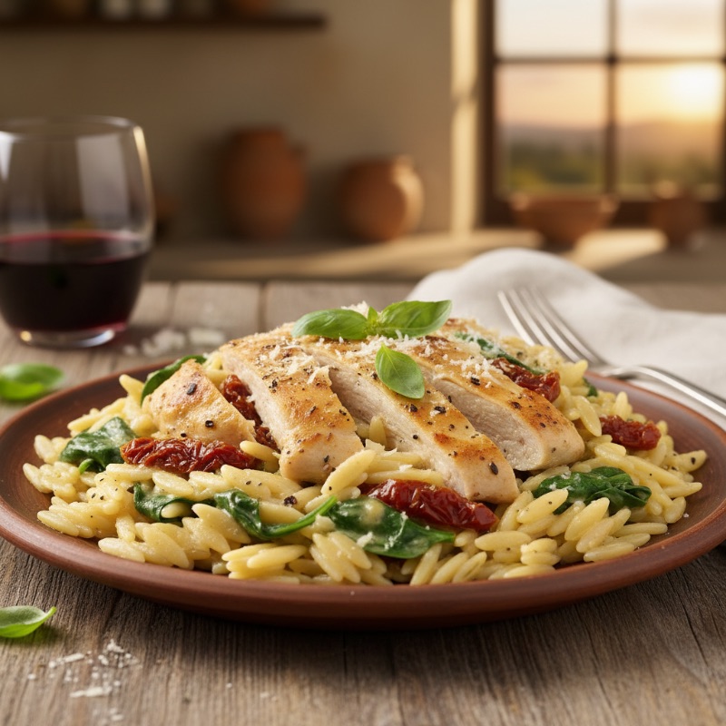 Tuscan Chicken Orzo with Spinach and Sun-Dried Tomatoes