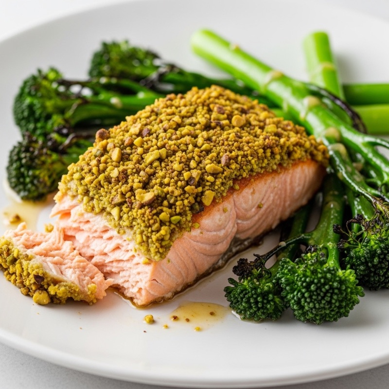 Pan-Seared Salmon with Pistachio Crust and Broccolini