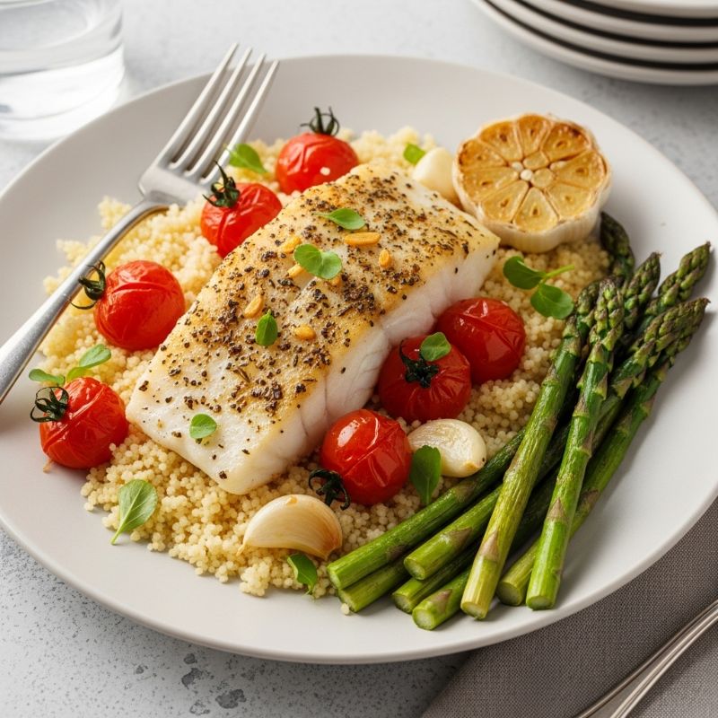 Roasted Lemon-Herb Cod with Cherry Tomatoes, Garlic, Asparagus, & Couscous