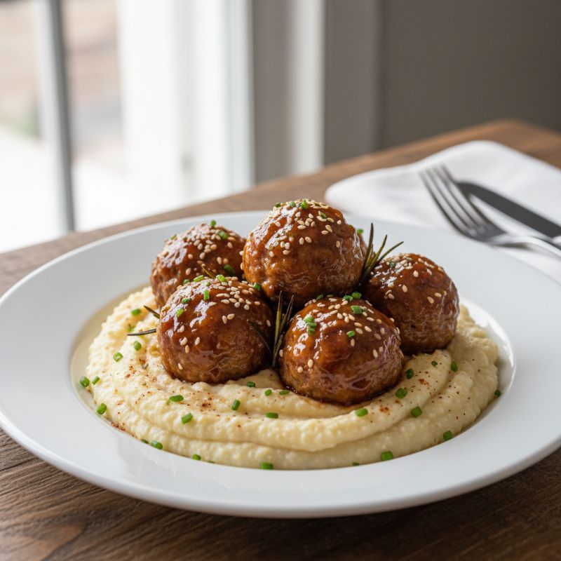 Honey-Bourbon Glazed Turkey Meatballs with Cauliflower Grits