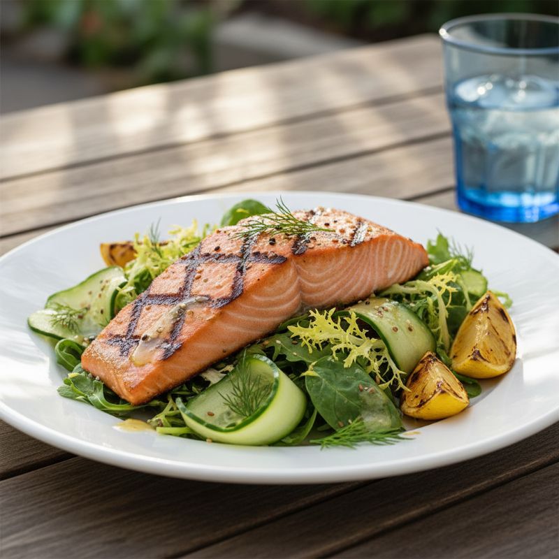 Grilled Cedar Plank Salmon Salad with Pickled Cucumber
