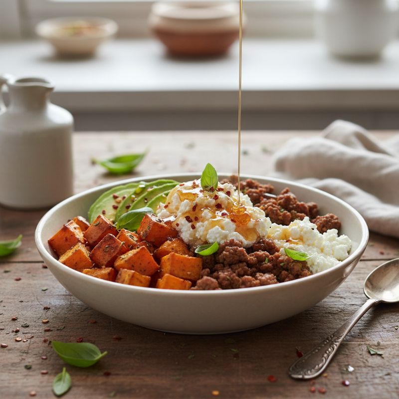 Hot Honey Cottage Cheese Sweet Potato Beef Bowl
