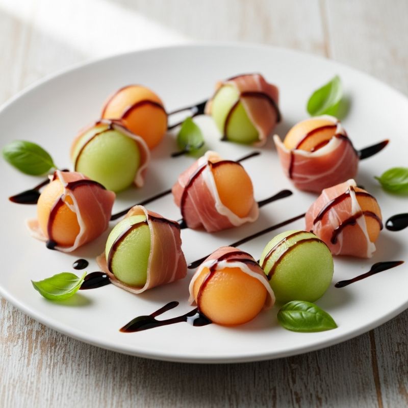 Prosciutto-Wrapped Melon Bites with Balsamic Glaze