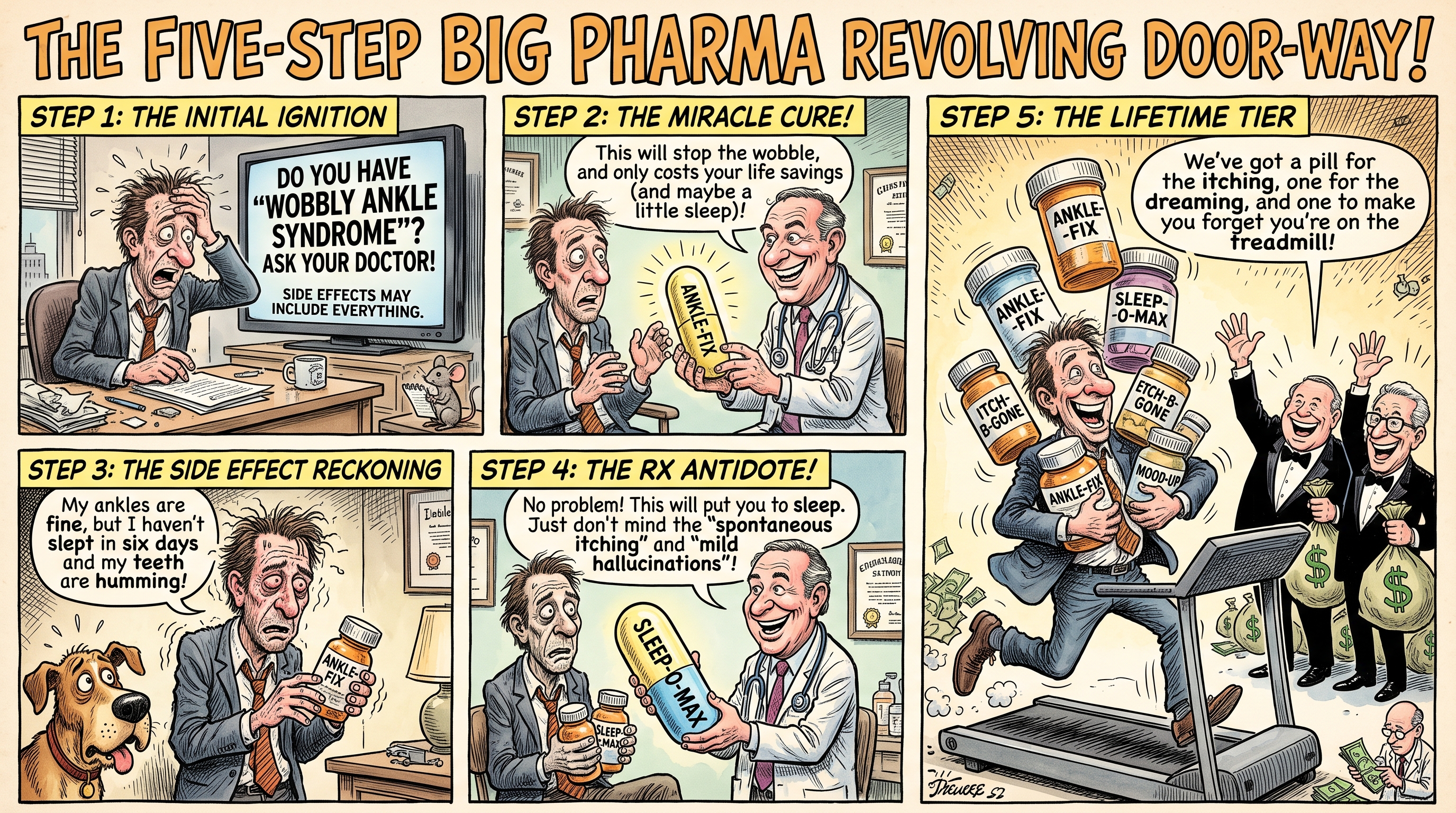 THE FIVE-STEP BIG PHARMA REVOLVING DOOR-WAY — satirical five-panel comic in which a worried patient is sold a pill for 'Wobbly Ankle Syndrome', then a second pill for its side effects, and ends up on a treadmill hugging a stack of prescription bottles while two executives in tuxedos hold bags of money