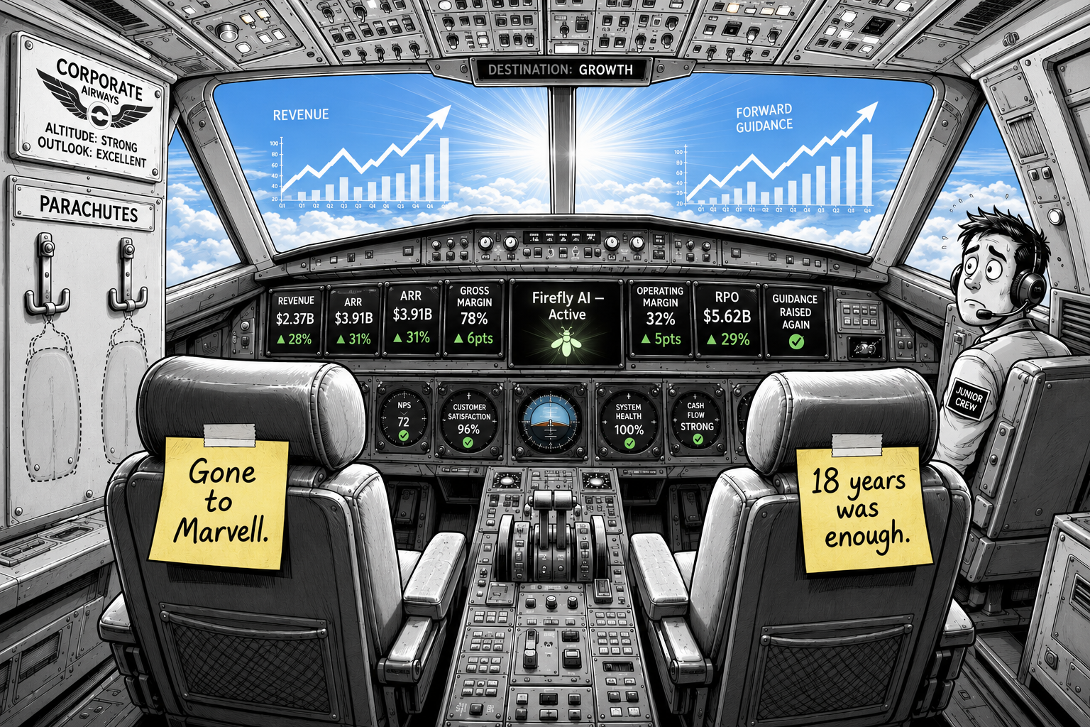 Adobe corporate cockpit with empty pilot and co-pilot seats, parachutes missing, instruments reading green