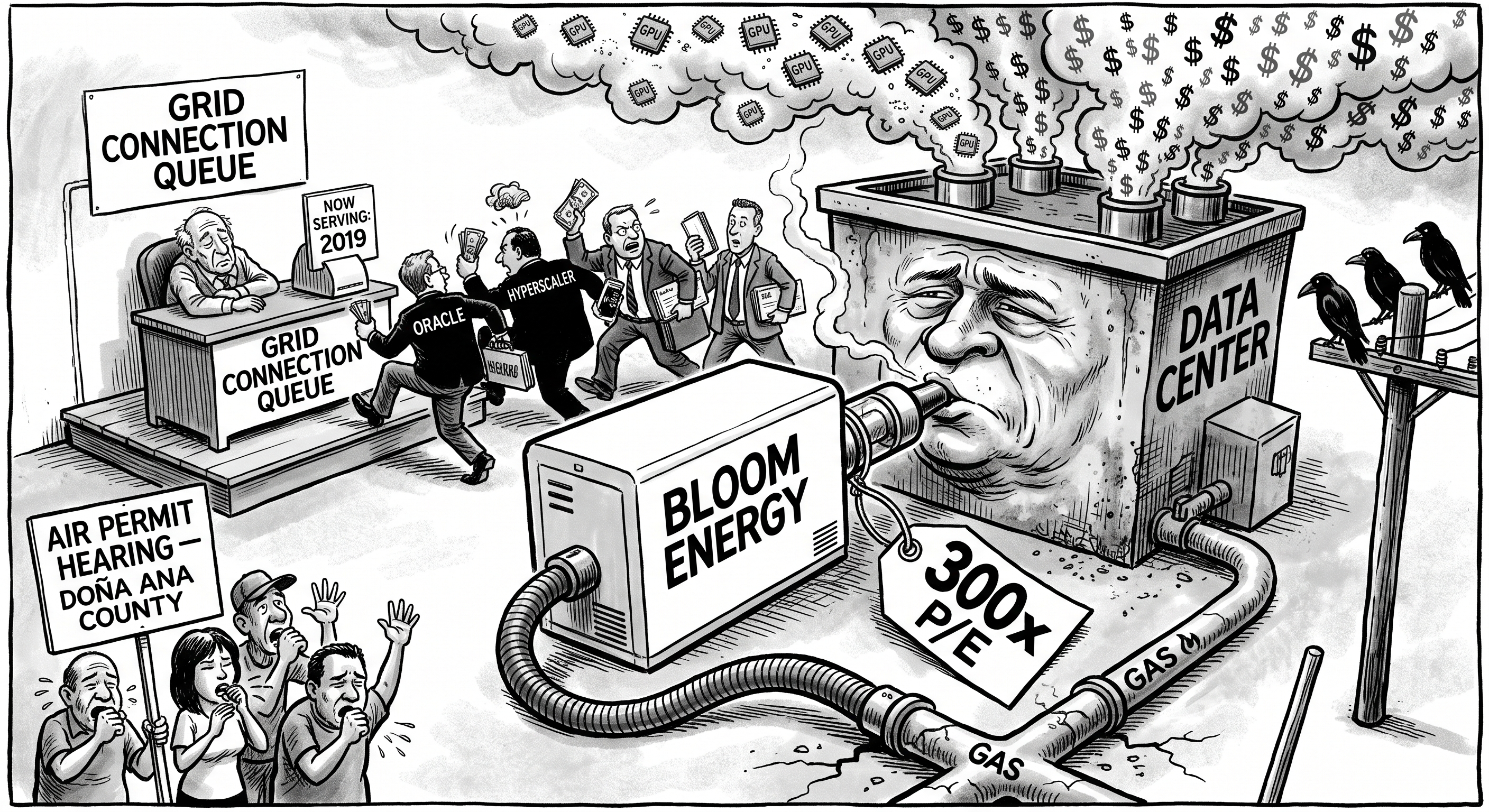 Satirical illustration of a data center vaping from an industrial Bloom Energy fuel cell connected to a natural gas pipeline, with a skeptical regulator watching in the foreground
