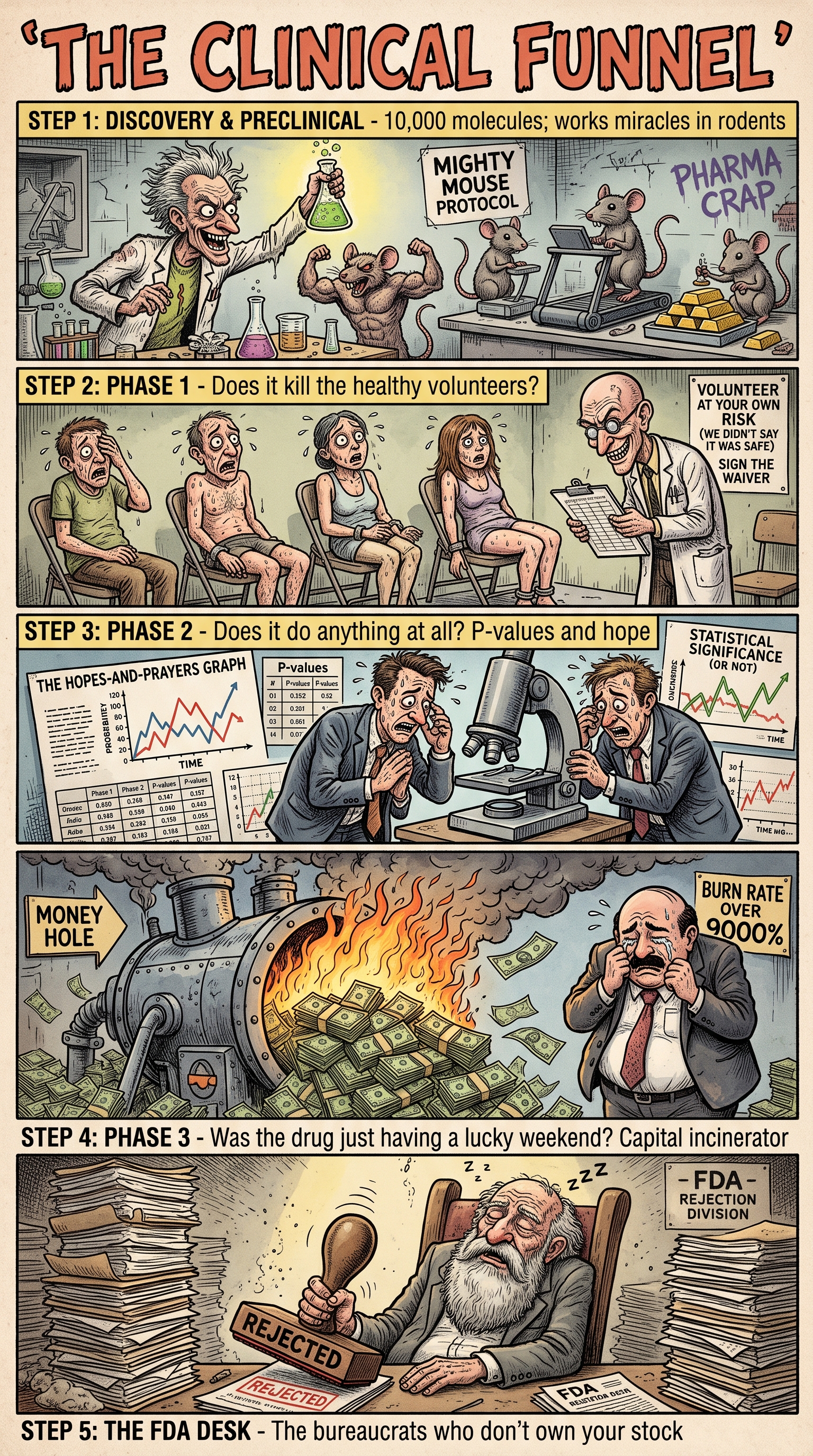 THE CLINICAL FUNNEL — five-panel infographic showing a biotech asset's path from Discovery and Preclinical research through Phase 1, Phase 2 (including a burn-rate 'money hole' panel), Phase 3, and the FDA Desk