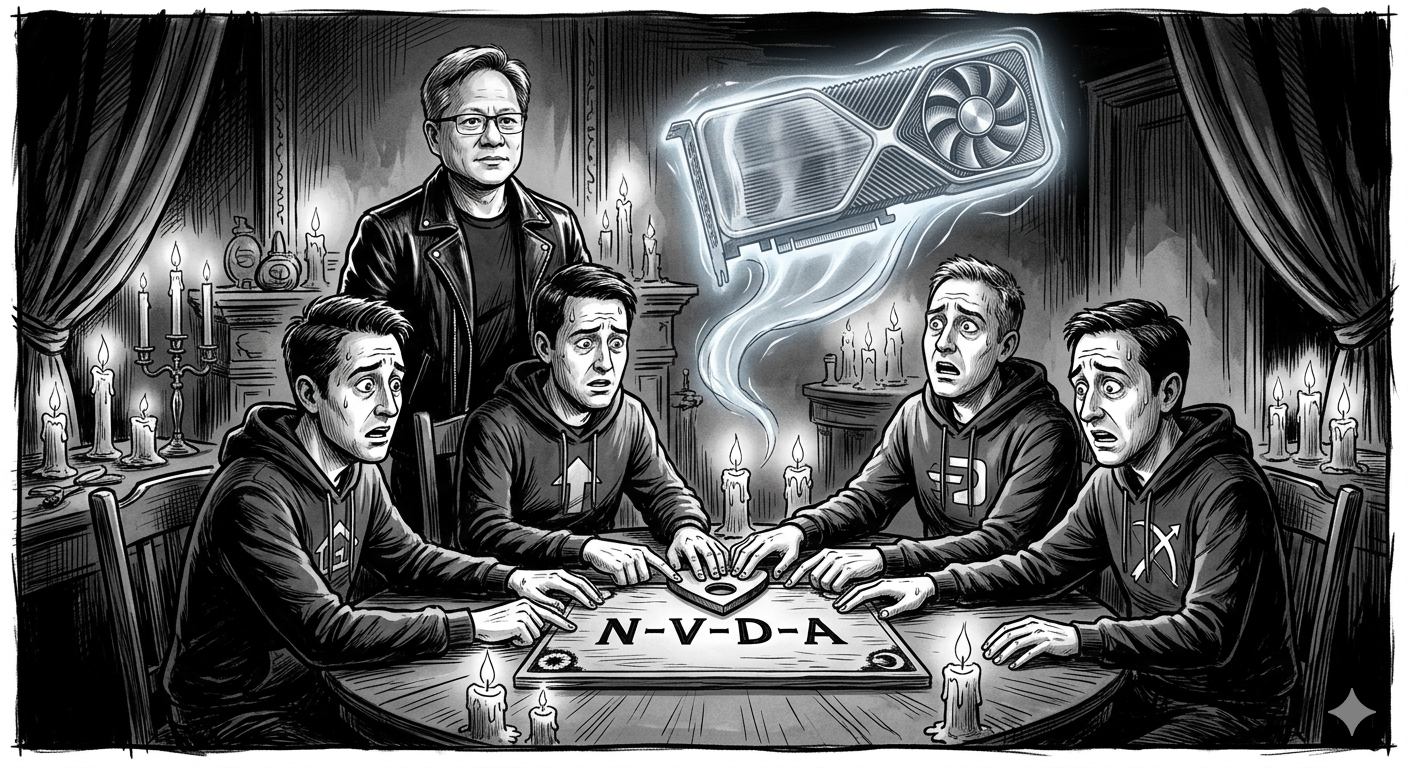 Jensen Huang stands calmly at a séance table while four fintech CEOs in hoodies touch a ouija board spelling N-V-D-A, a GPU ghost floating above