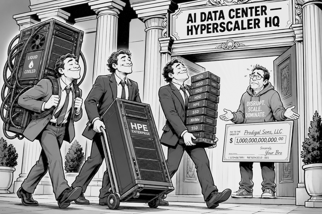 Three hardware prodigal sons returning home carrying server racks and hard drives, greeted by a Silicon Valley tech bro holding a cheque