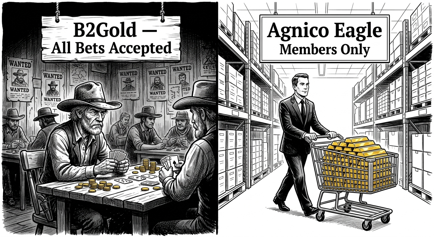 A Wild West saloon on the left and a gleaming Costco-style warehouse on the right split down the middle — B2Gold the Saloon vs Agnico Eagle the Membership Club
