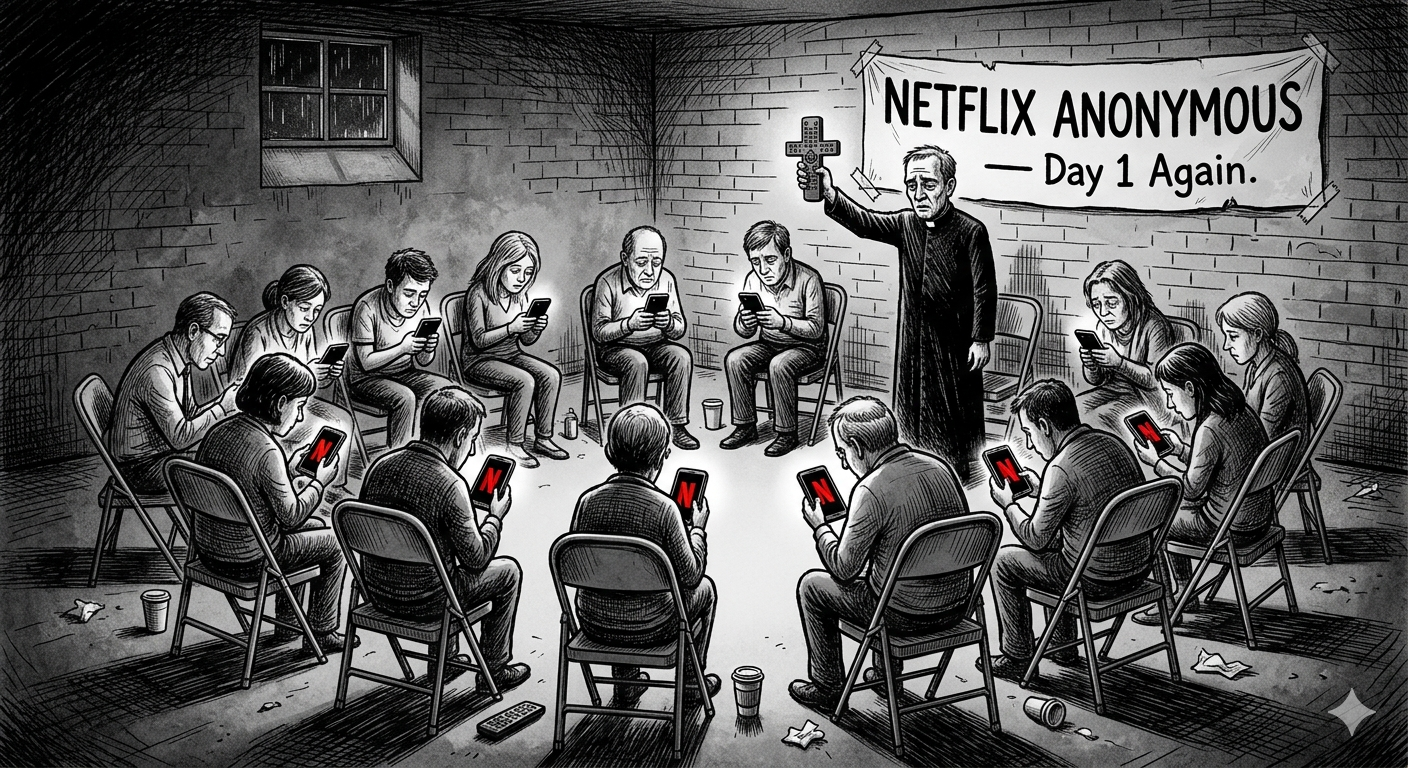 Netflix Anonymous support group meeting in a church basement, everyone staring at phones showing the Netflix logo, priest holding a TV remote like a crucifix
