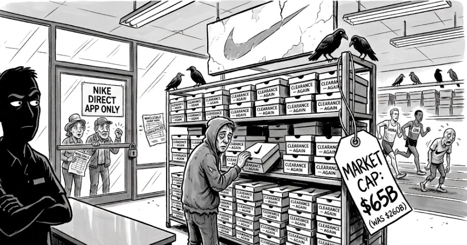 Courtroom satire of Nike's swoosh on trial, with On Running and Hoka in the jury box