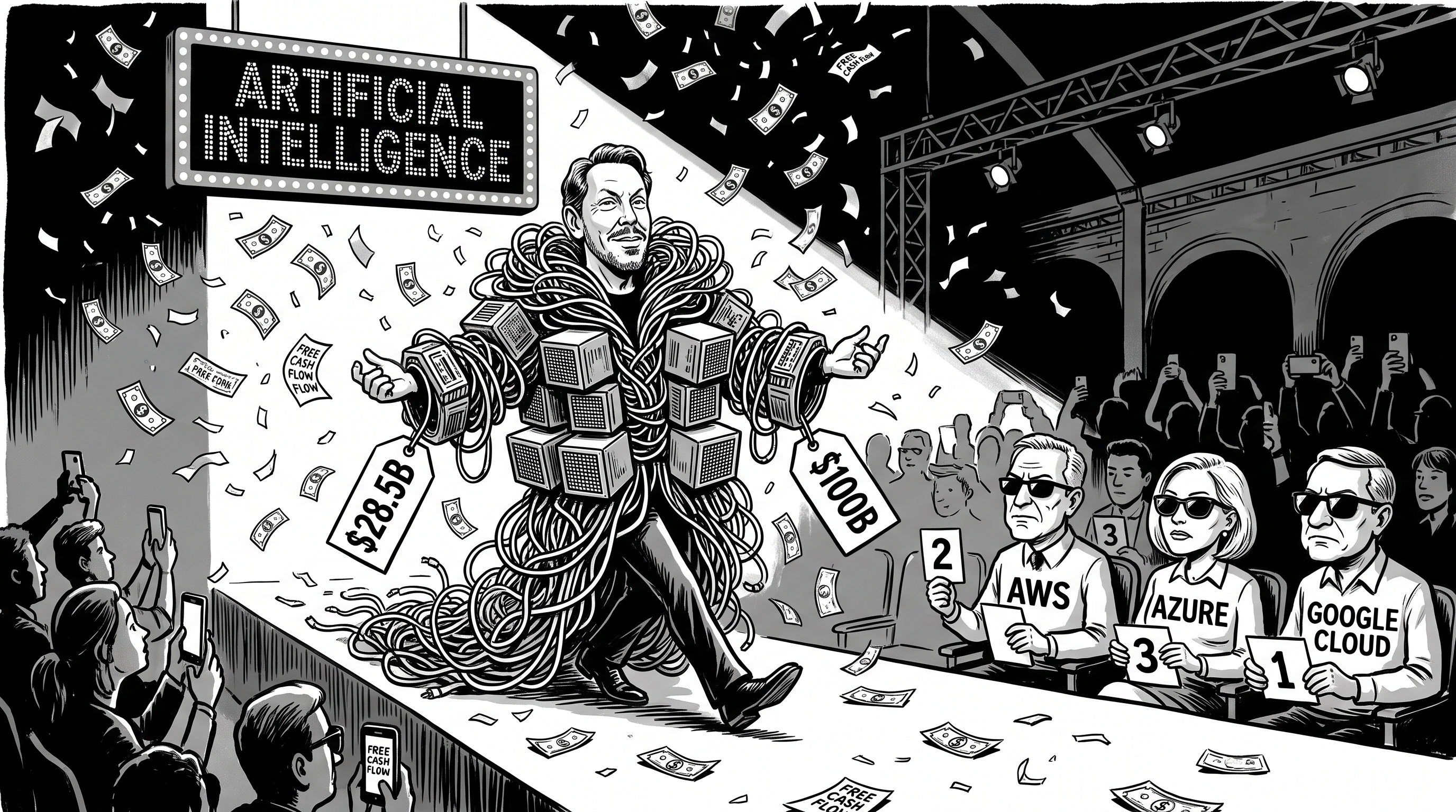 Satirical illustration of Larry Ellison strutting a fashion runway in a couture outfit made of stacked GPU servers, with AWS, Azure and Google Cloud caricatures judging from the front row