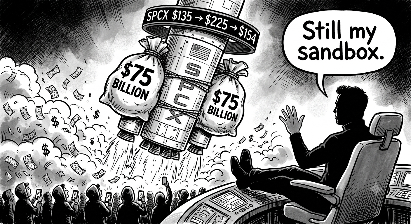 SpaceX rocket with cash bags as boosters illustration