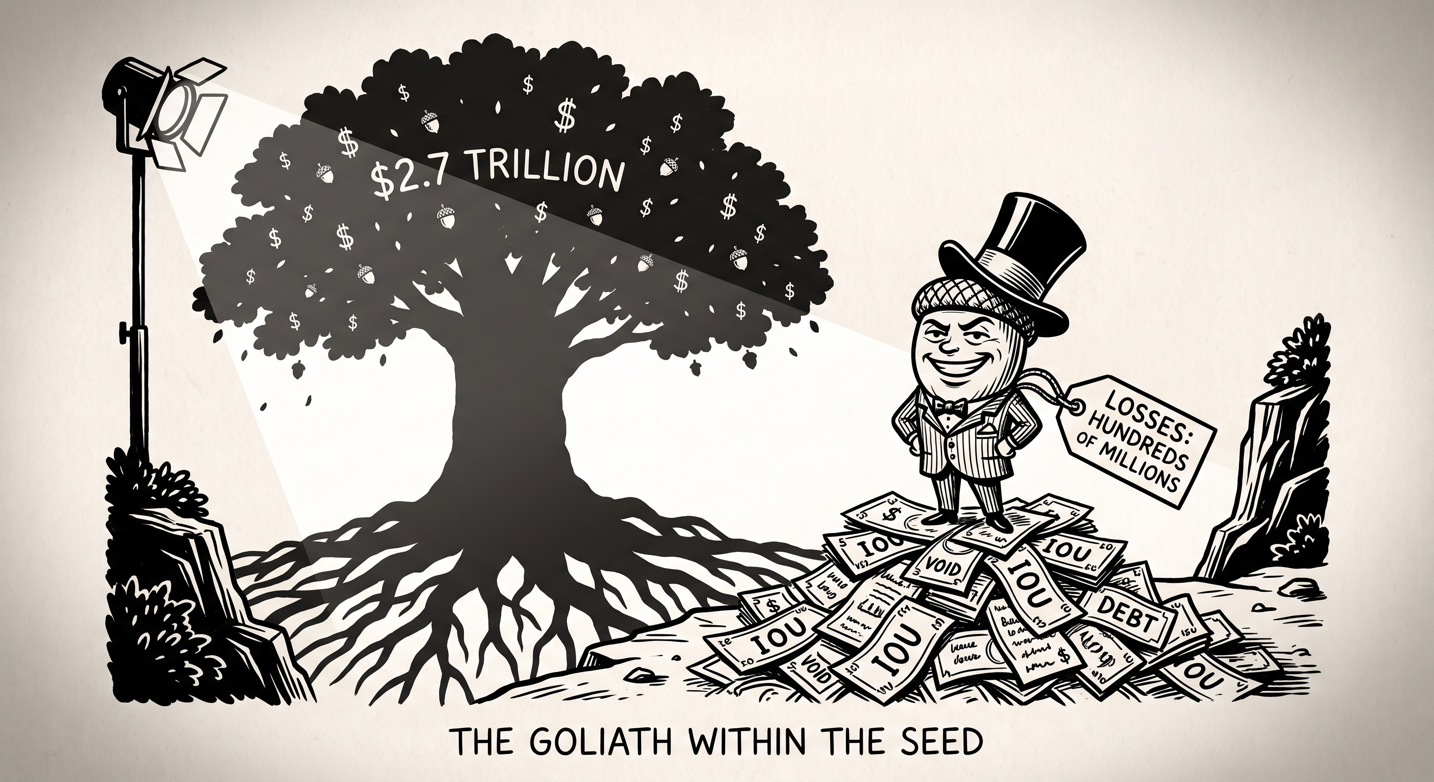 Satirical illustration of a tiny acorn in a business suit and oversized top hat standing on a pile of IOUs, casting an exaggerated skyscraper-sized oak tree shadow with dollar signs floating in its canopy