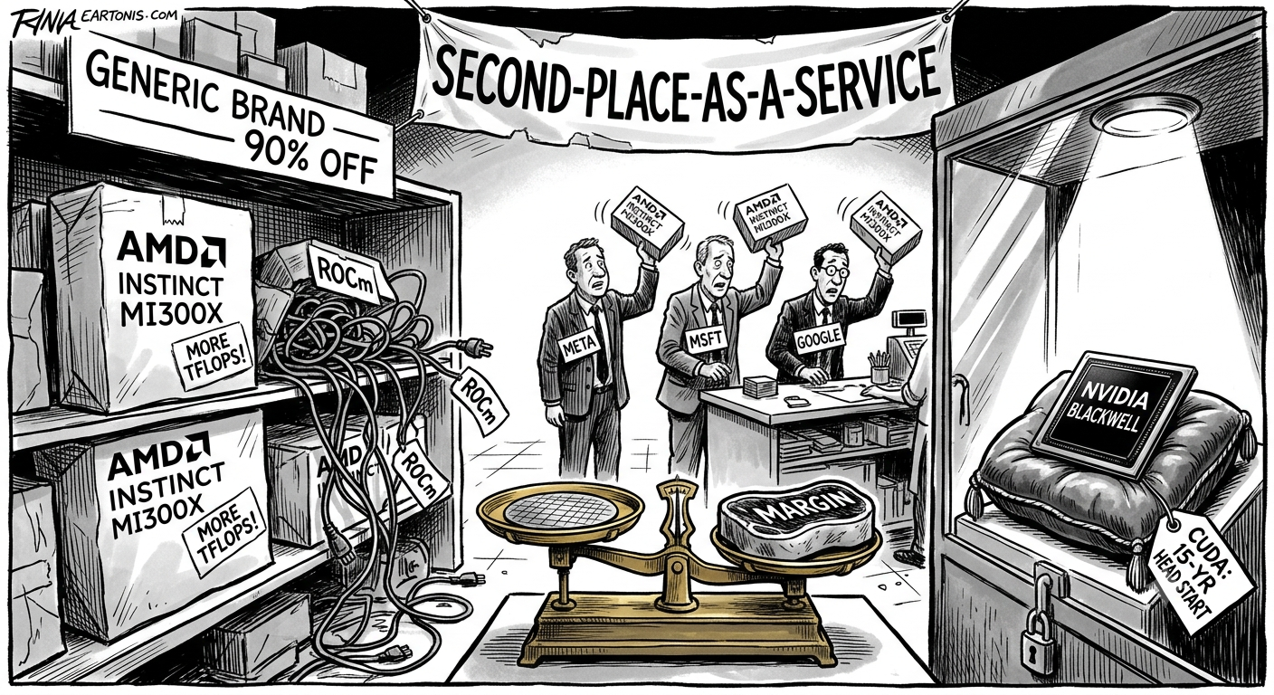 Bargain-bin store satire of AMD Instinct chips versus Nvidia Blackwell, with hyperscalers waving AMD boxes as negotiating leverage