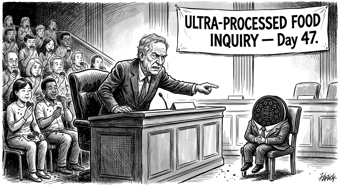 An Oreo cookie in a business suit sitting in a congressional witness chair, completely unbothered, while a senator points accusingly and the public gallery eats Oreos