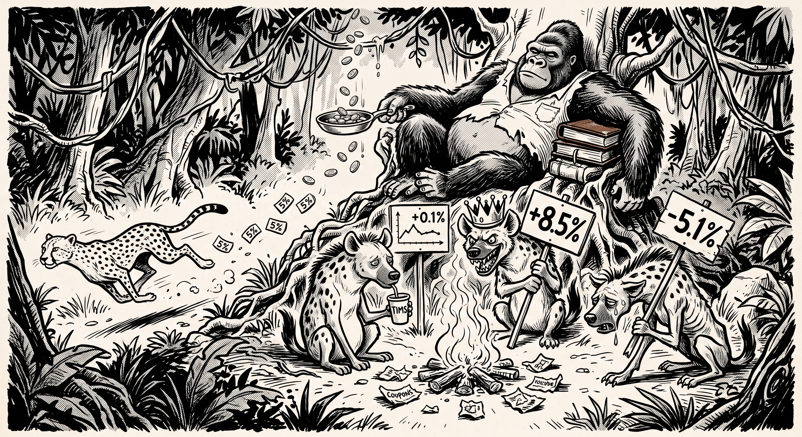 Jungle-safari satire of McDonald's as a silverback gorilla landlord, QSR as a hyena pack, and Yum! Brands as a sprinting cheetah